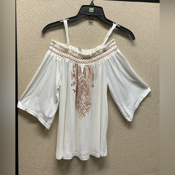 🌷FORGOTTEN GRACE Women Peasant Blouse Ivory Brown Tribal 3/4 Sleeve Boho - Picture 1 of 9
